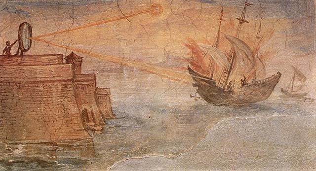 Archimedes used a mirror to burn sails of Roman ships during battle of Syracuse.
